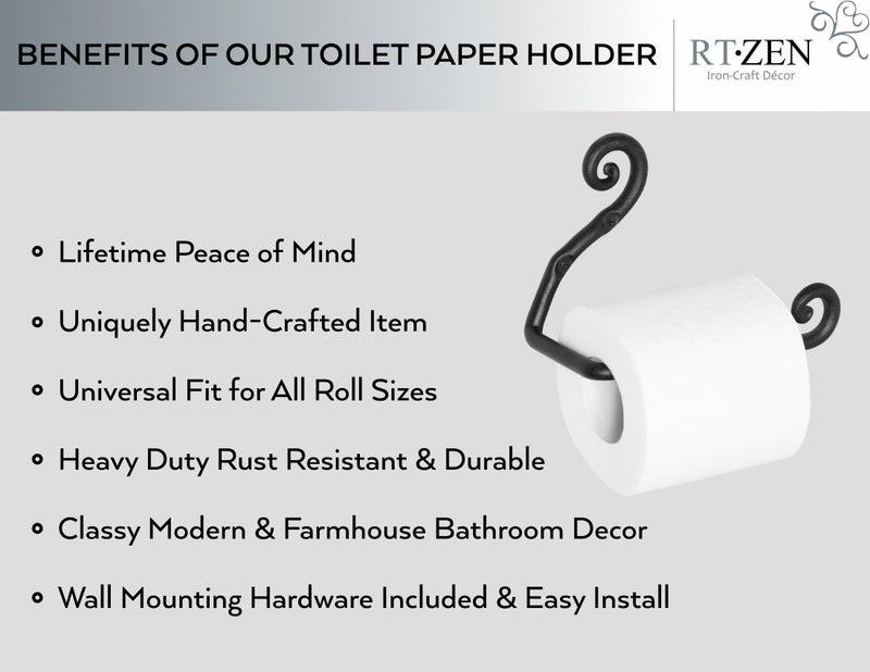 RTZEN Bathroom Toilet Paper Holder - Handcrafted Rustic Wrought Iron Wall Decor Toilet Roll Holder - Black Matte Wall Mount Bar for Modern Farmhouse Bathroom Decor - Image 2